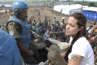 Academy award film actress Angelina Jolie, a UN goodwill ambassador, with UN troops in eastern DRC (file photo).