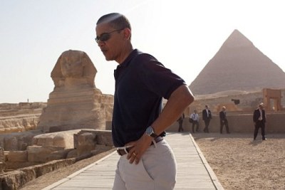 President Barack Obama on a visit to the pyramids at Giza.