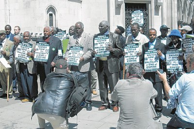 Mau Mau war veterans and their sympathisers outside No 10 Downing Street, the British Prime Ministers residence where they handed in their reparation petition.