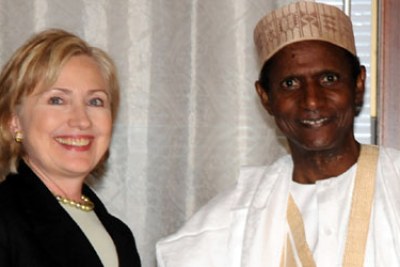 President Umaru Yar'Adua, right and US Secretary of State, Hillary Clinton on her arrival for bilateral talks between the Federal Government and American officials in Abuja.