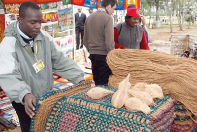 (file photo) A textile exhibitor at an African Growth and Opportunity Act (Agoa) conference in Nairobi.