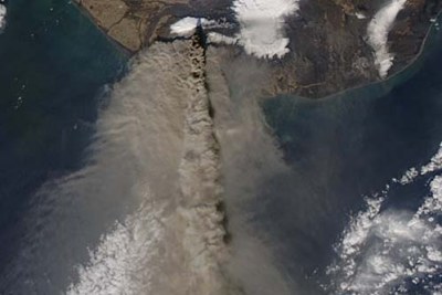 A plume of brown volcanic ash from Eyjafjallajökull Volcano, Iceland, is disrupting air traffic to and from Europe to Africa.