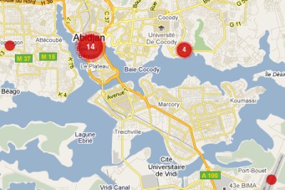 Screenshot of map on cotedivoire.ushahidi.allafrica.com, 2011-02-08.