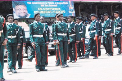 Brigade of honour in a farewell march for Ojukwu in Lagos.