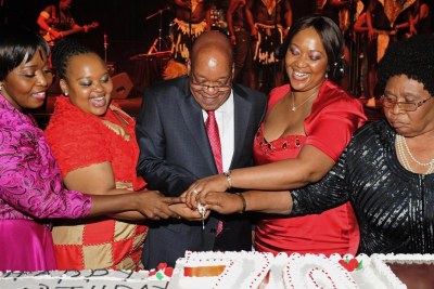 President Jacob Zuma celebrates his 70th birthday with his wives. From left is Bongi Ngema, Nompumelelo Ntuli, Thobeka Madiba and Sizakele Khumalo Zuma (file photo).