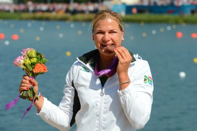Bridgitte Hartley wins bronze during the Olympic Games Canoeing event at Eton Dorney.