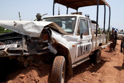 A UN vehicle is shown badly damaged the day after the ambush in West Darfur, Sudan.