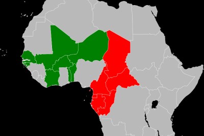 Les pays utilisant le CFA en Afrique de l'Ouesten vert et  les pays utilisant le CFA en Afrique Centrale en rouge