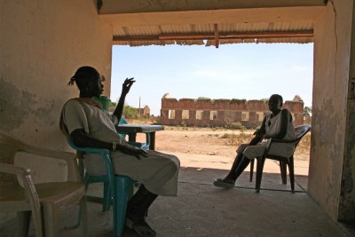 Women living in abandoned buildings in Abyei town.