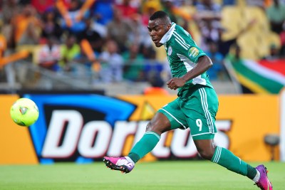 Emmanuel Emenike of Nigeria shoots at goal during the quarter-final against Cote d'Ivoire in  Rustenburg, South Africa.