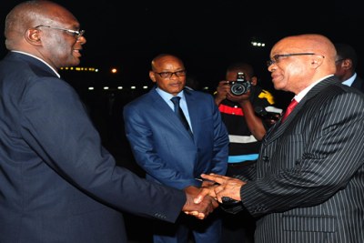 Prime Minister of Chad Joseph Djimrangar Dadnadji receiving President Jacob Zuma at Hassan Djamous International Airport during his working visit to Chad ahead of the Central African Republic(CAR) Summit.