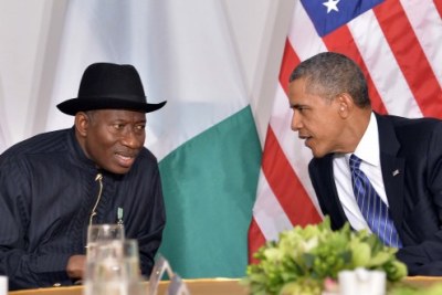President Goodluck Jonathan discusses with US President Barack Obama (file photo).
