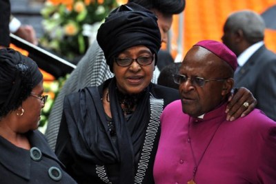 Winnie Madikizela-Mandela and Archbishop Desmond Tutu at the memorial service of the late former President Nelson Rolihlahla Mandela (file photo).