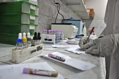 Lab technician in Juba hospital’s blood bank.