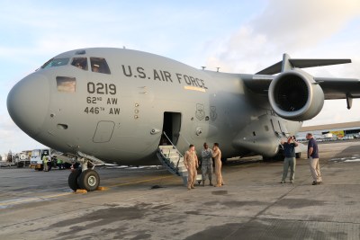 A C-17 U.S. military aircraft arrived in Liberia Thursday with the first shipment of increased U.S. military equipment and personnel for the anti-Ebola fight.