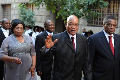 Former president Jacob Zuma, his wife Sizakele Khumalo and former speaker Mr Max Sisulu at Parliament (file photo).