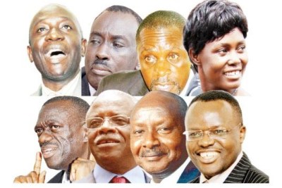 Clockwise: Joseph Mabirizi, Benon Biraaro, Abed Bwanika, Maureen Kyalya, Venansius Baryamureeba, Yoweri Museveni, Amama Mbabazi and Kizza Besigye, are the eight candidates vying for Uganda's presidential seat.