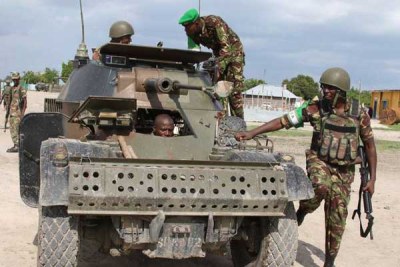 KDF soldiers on patrol in Afmadow, Somalia. On Saturday, March 19, 2016, KDF soldiers killed 21 Al-Shabaab militants in a shootout in Lower Juba Region in Somalia and recovered weapons. Two Kenyan soldiers also died in the shootout.