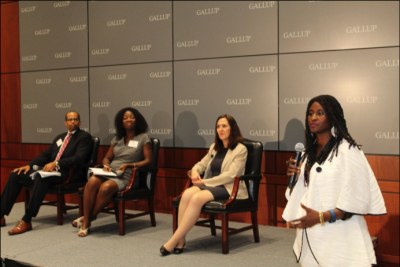 Left-Right: Nicholas Bassey USAID; Ngozi Bell, Small Business Administration; Magali Rheault, GALLUP World Poll, and Ambassador Robin Sanders, CEO FEEEDS Initiative, during the FEEEDS-GALLUP Africa business forum, July 14, 2016