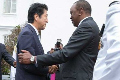 Kenyan President Uhuru Kenyatta welcomes Japanese Prime Minister Shinzo Abe in Nairobi ahead of the Tokyo International Conference on African Development (TICAD) forum.