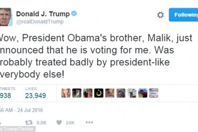 Republican presidential candidate Donald Trump has weighed in on Malik Obama's support on Twitter.