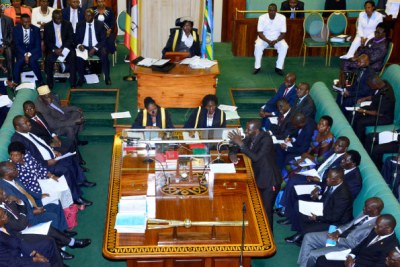 Bukonzo West Member of Parliament Godfrey Katusabe addresses Parliament on the Kasese killings during plenary.