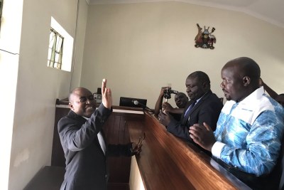 Jailed Rwenzururu King Charles Wesley Mumbere appeared at Jinja Magistrates Court