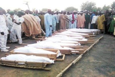 Funeral prayers being offered for 12 children killed during a Maulud procession in Gombe State.