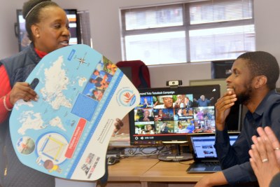 Thandeka Tutu-Gxashe, talking about the 'Tutu Desk' to the AllAfrica staff in Cape Town.