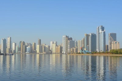 Sharjah city skyline in United Arab Emirates.