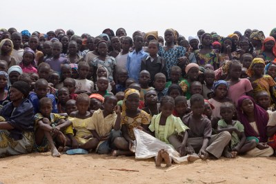 Children and adults in the Minawao camp for Nigerian refugees in the Far North Region of Cameroon.
