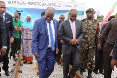 President John Magufuli inspects a section of the Standard Gauge Railway project after laying the foundation stone at Pugu Station on the outskirts of Dar es Salaam.