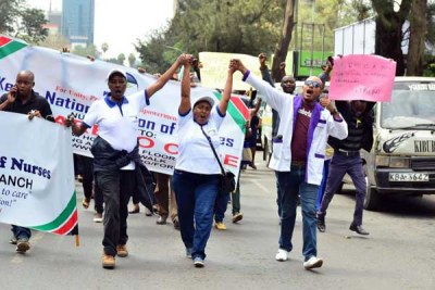 Nurses from various hospitals in Nairobi County take to the streets on the second day of the countrywide strike.