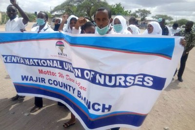 Nurses protest in the streets of Wajir town.