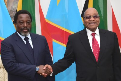President Jacob Zuma holding a tête-à-tête with President Joseph Kabila Kabange of the Democratic Republic of Congo during his official visit to South Africa to attend the 10th session of the South Africa-Democratic Republic of Congo Bi-National Commission (BNC). The Bi-National Commission, which will be co-chaired by the two Heads of State, is aimed at further deepening bilateral and economic relations between the two countries.