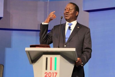 Le porteur de drapeau Nasa Raila Odinga lors du débat pour les principaux candidats à la présidentielle à l'Université catholique le 24 juillet 2017. Le président Uhuru Kenyatta n'a pas assisté.