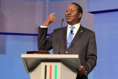 Nasa flagbearer Raila Odinga during the debate for leading presidential candidates at Catholic University.