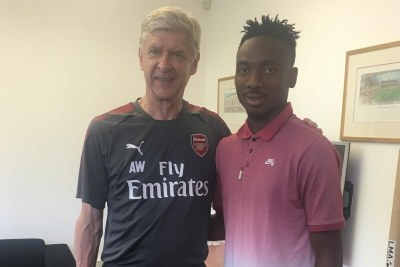 Nigerian midfielder Kelechi Nwakali and Arsenal Manager Arsene Wenger.
