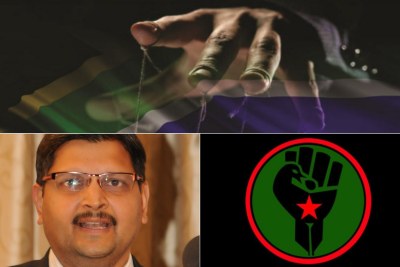 Top: Title image of former public protector Thil Madonsela's state capture report. Bottom-left: Atul Gupta. Bottom-right: Logo of Black First Land First.