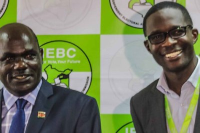 IEBC Chairperson Wafula Chebukati and CEO Ezra Chiloba during happier times (file photo).