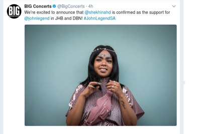 We're excited to announce that @shekhinahd is confirmed as the support for @johnlegend in JHB and DBN! #JohnLegendSA
