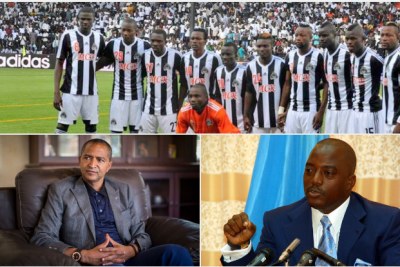 Top: CAF Confederation Cup champions TP Mazembe. Bottom-left: TP Mazembe owner Moise Katumbi. Bottom-right: Democratic Republic of Congo President Joseph Kabila.