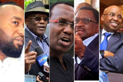 From left: Hassan Joho, Johnson Muthama, David Ndii, James Orengo and Jimmi Wanjigi who are among Nasa politicians whose passports have been suspended by the State.