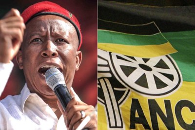 Left: EFF leader Julius Malema. Right: ANC flag.