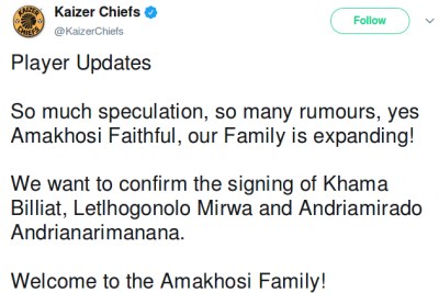Kaizer Chiefs announced the signing on Twitter.