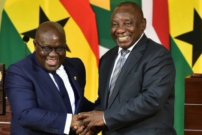 President Cyril Ramaphosa and President Nana Addo Dankwa Akufo-Addo of the Republic of Ghana briefing the media during President Akufo-Addo's State Visit to South Africa held at the Union Buildings in Pretoria.