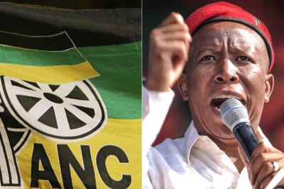 Left: Flag of the African National Congress. Right: Economic Freedom Fighters leader Julius Malema.