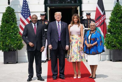 US President Donald Trump and First Lady Melania Trump participate in the arrival of the President of Kenya, President Uhuru Kenyatta and Kenya’s First Lady Margaret Kenyatta at the White House on August 27, 2018 in Washington,DC.