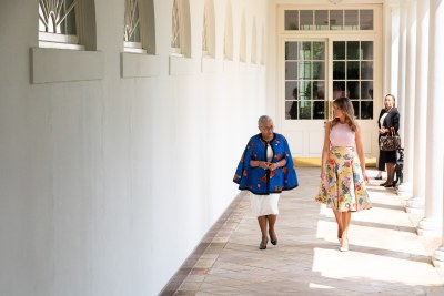 First Lady Melania Trump and Mrs. Margaret Kenyatta, wife of Kenya’s President Uhuru Kenyatta, walk along the West Wing Colonnade on August 27, 2018.