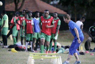 Gor Mahia coach Dylan Kerr issues instructions during a training session at the Parklands Sports Club on September 24, 2018.